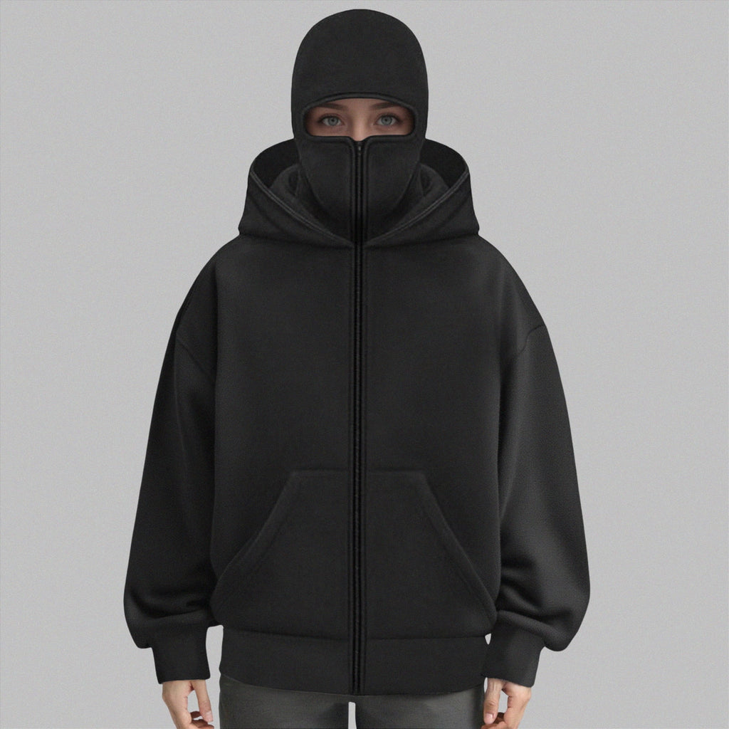 Balaclava Hoodie Zippe, Double Hooded Zip Jacket, Built-In Eye Mask, Full Zip Hooded Sweatshirt, Unisex