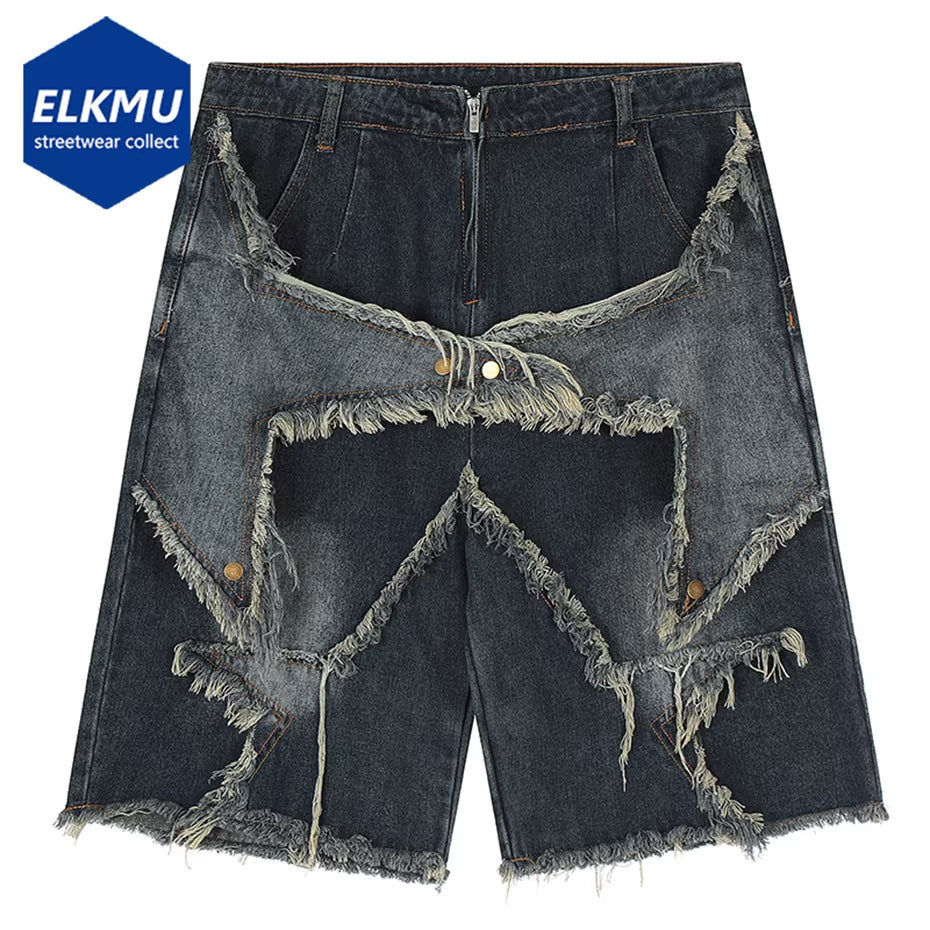 Vintage Tassel Star Denim Shorts Splicing Loose Jeans Shorts 2026 Men Hip Hop Streetwear Harajuku Y2K Shorts Summer