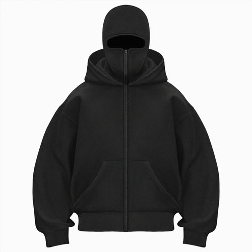 Balaclava Hoodie Zippe, Double Hooded Zip Jacket, Built-In Eye Mask, Full Zip Hooded Sweatshirt, Unisex