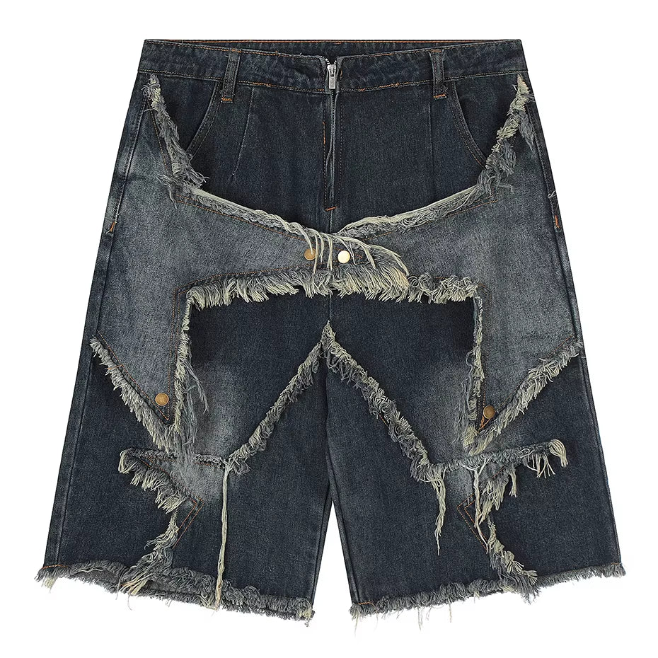 Vintage Tassel Star Denim Shorts Splicing Loose Jeans Shorts 2026 Men Hip Hop Streetwear Harajuku Y2K Shorts Summer