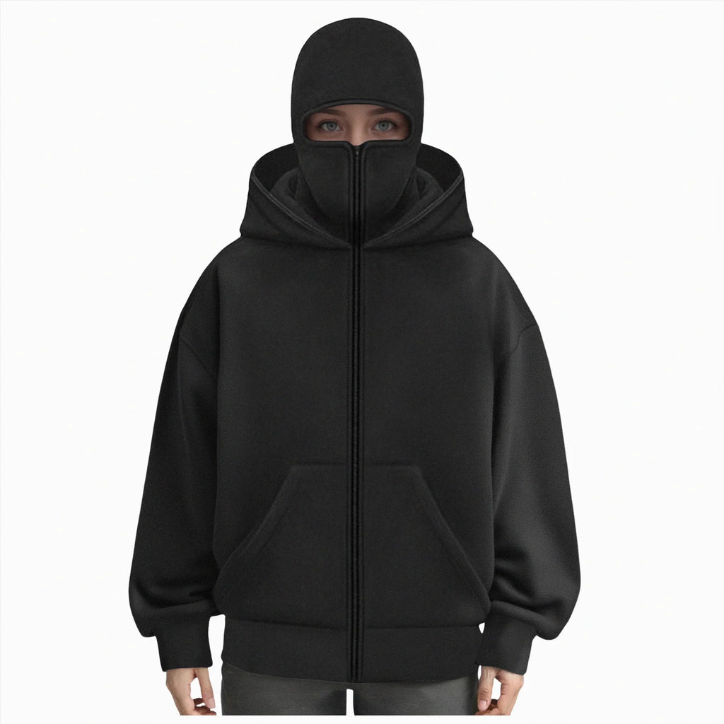 Balaclava Hoodie Zippe, Double Hooded Zip Jacket, Built-In Eye Mask, Full Zip Hooded Sweatshirt, Unisex
