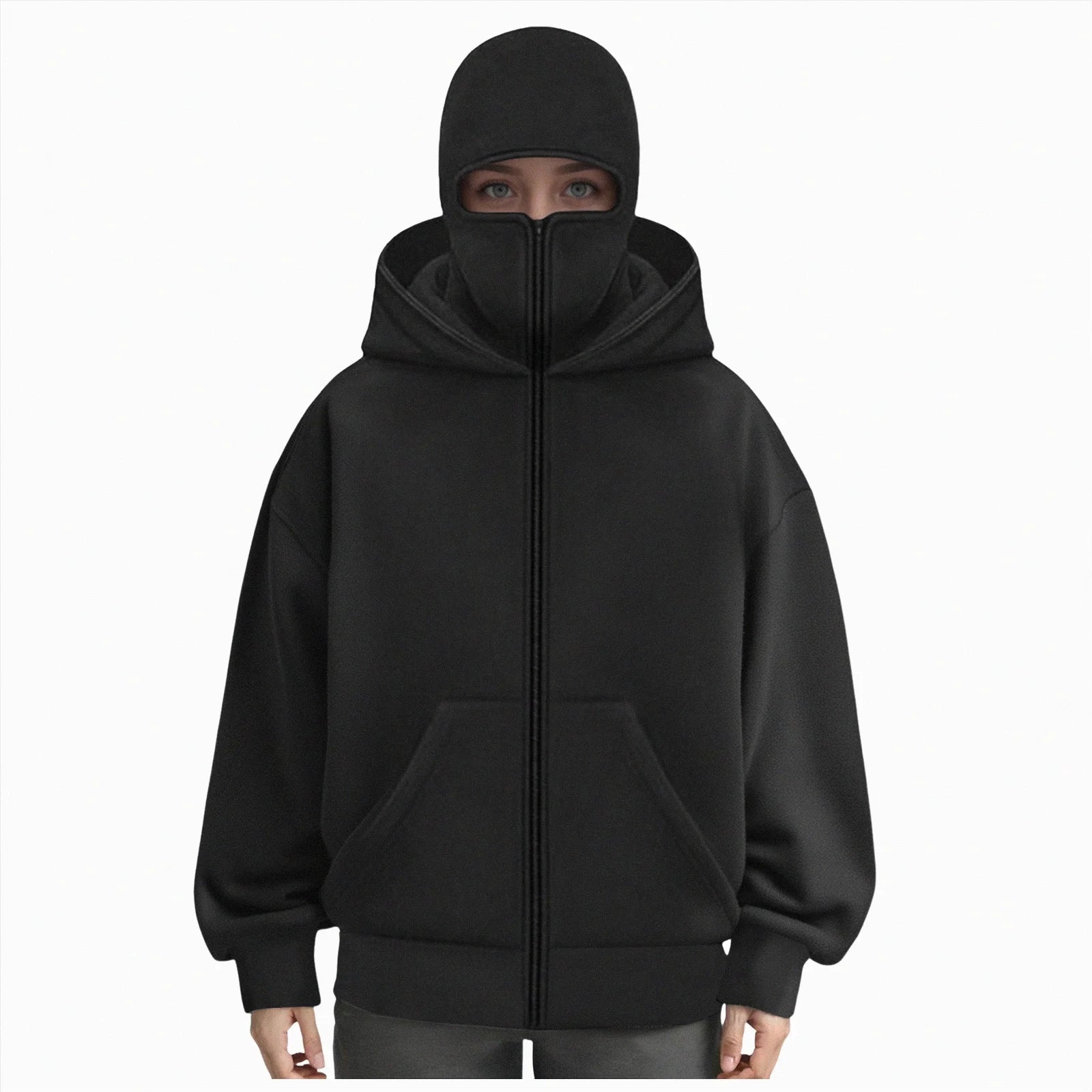 Balaclava Hoodie Zippe, Double Hooded Zip Jacket, Built-In Eye Mask, Full Zip Hooded Sweatshirt, Unisex